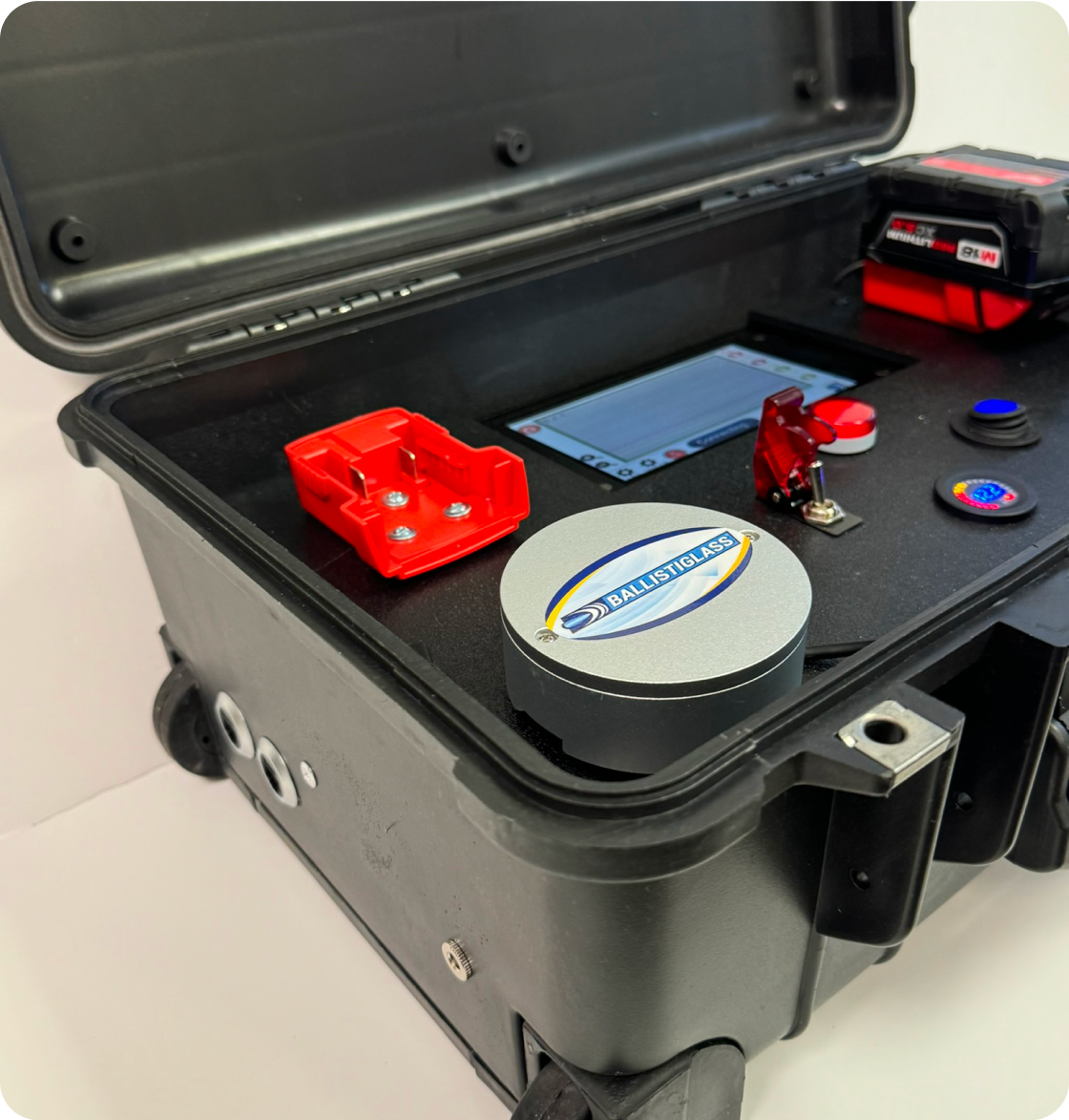 BallistiSCAN V3 field kit — open Pelican case viewed at an angle, showing a hockey-puck-sized Ballistiglass sensor disc, mounting bracket, control panel, alarm tower, and battery pack.